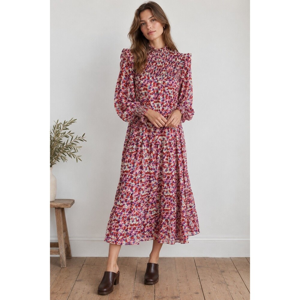 ICHI Womens Floral Smocked Long Sleeve Ruffle Dress Sz M Prairie Cottagecore